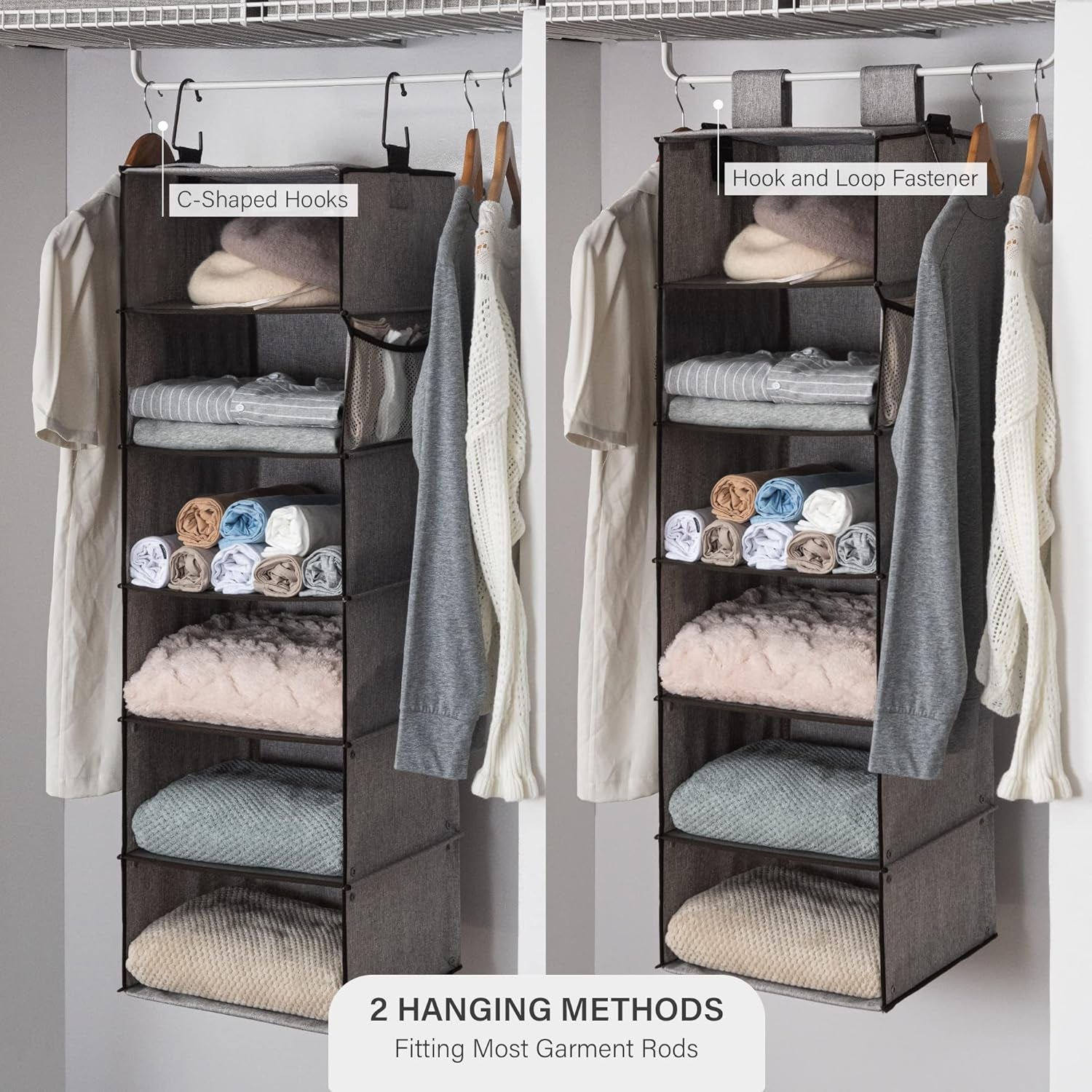 6-Shelf Hanging Closet Organizer, Adjustable Length Hanging Shelves for Closet, Fabric, Gray, 12 ¼" D X 13 ½" W X 47 ½" H