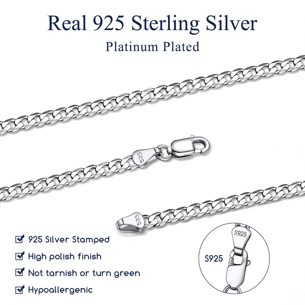 Solid 925 Sterling Silver Chain Necklace, 3Mm Flat Curb Cuban Link Chain for Men Women
