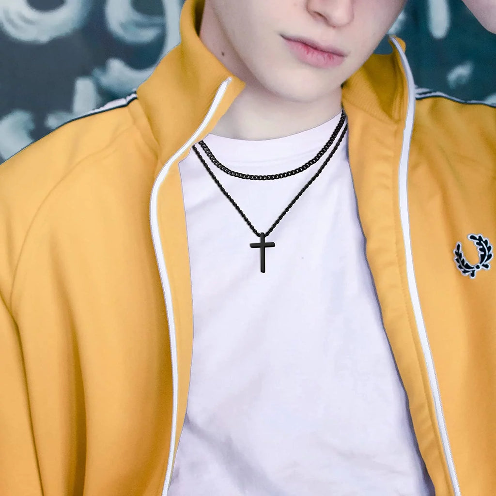 Stainless Steel Cross Necklaces for Men Layered Cuban Link Chain Rope Chain Mens Cross Necklaces Black Silver Gold Cross Pendant Necklace for Men Women 16-26 Inches