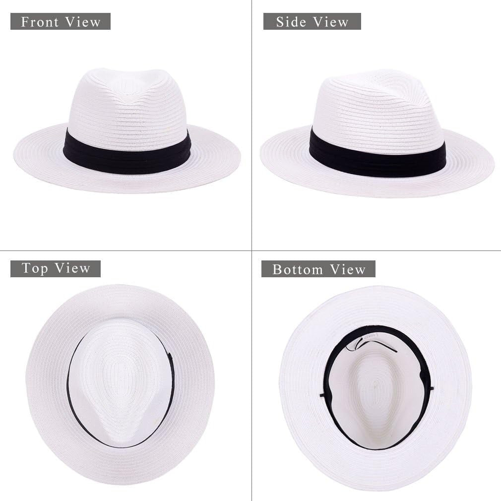 Panama Straw Hats for Women Summer Beach Sun Hat Wide Brim Fedora Cap Upf50+(C01-Brown)