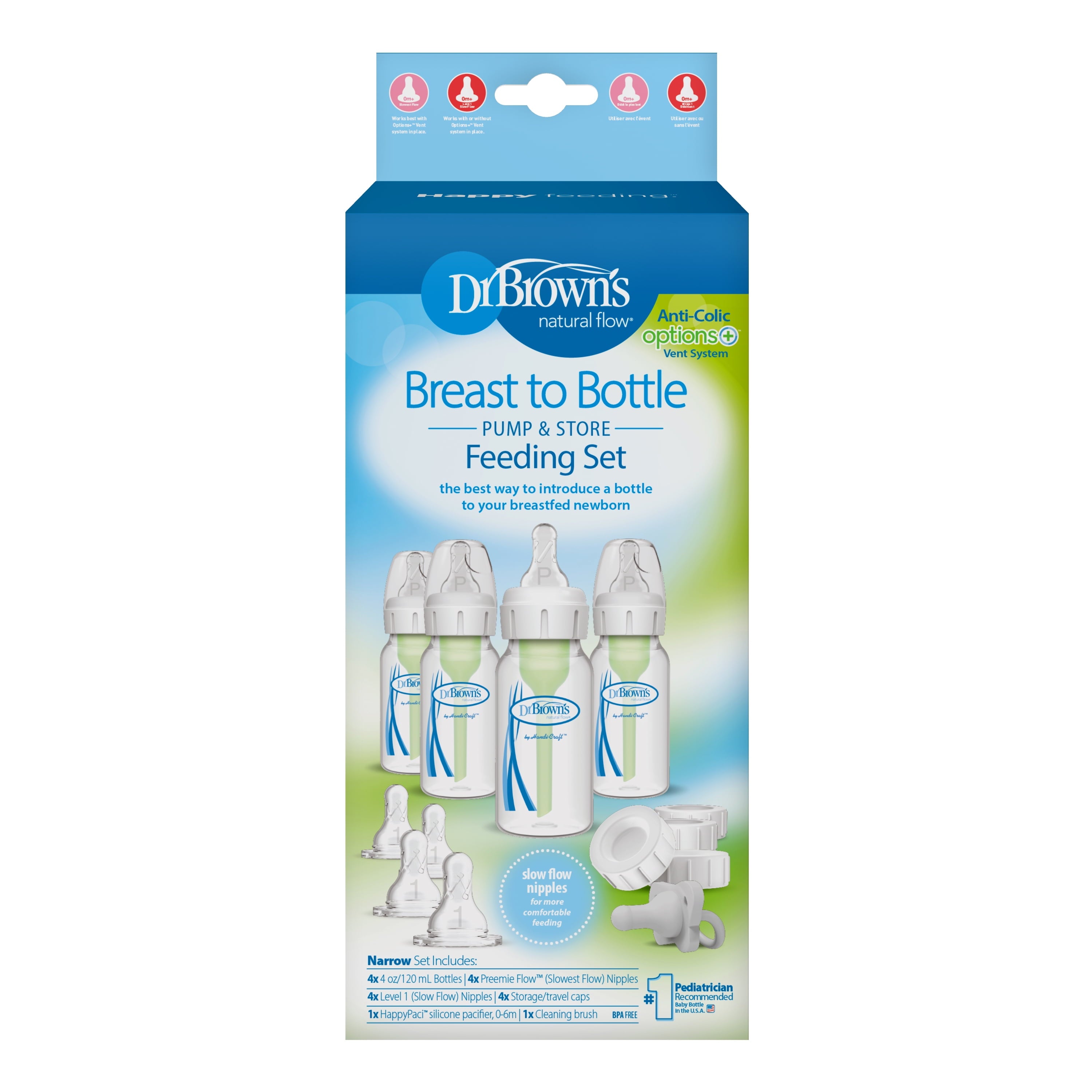 Natural Flow Anti-Colic Options+ Narrow Breast to Bottle Feeding Set, Clear, 4Oz, 4 Pack