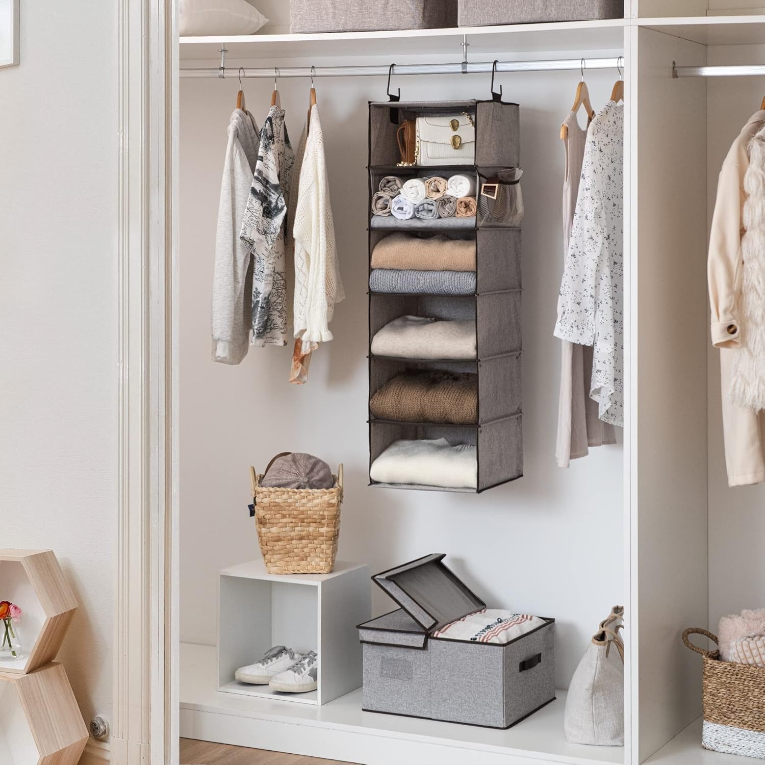 6-Shelf Hanging Closet Organizer, Adjustable Length Hanging Shelves for Closet, Fabric, Gray, 12 ¼" D X 13 ½" W X 47 ½" H