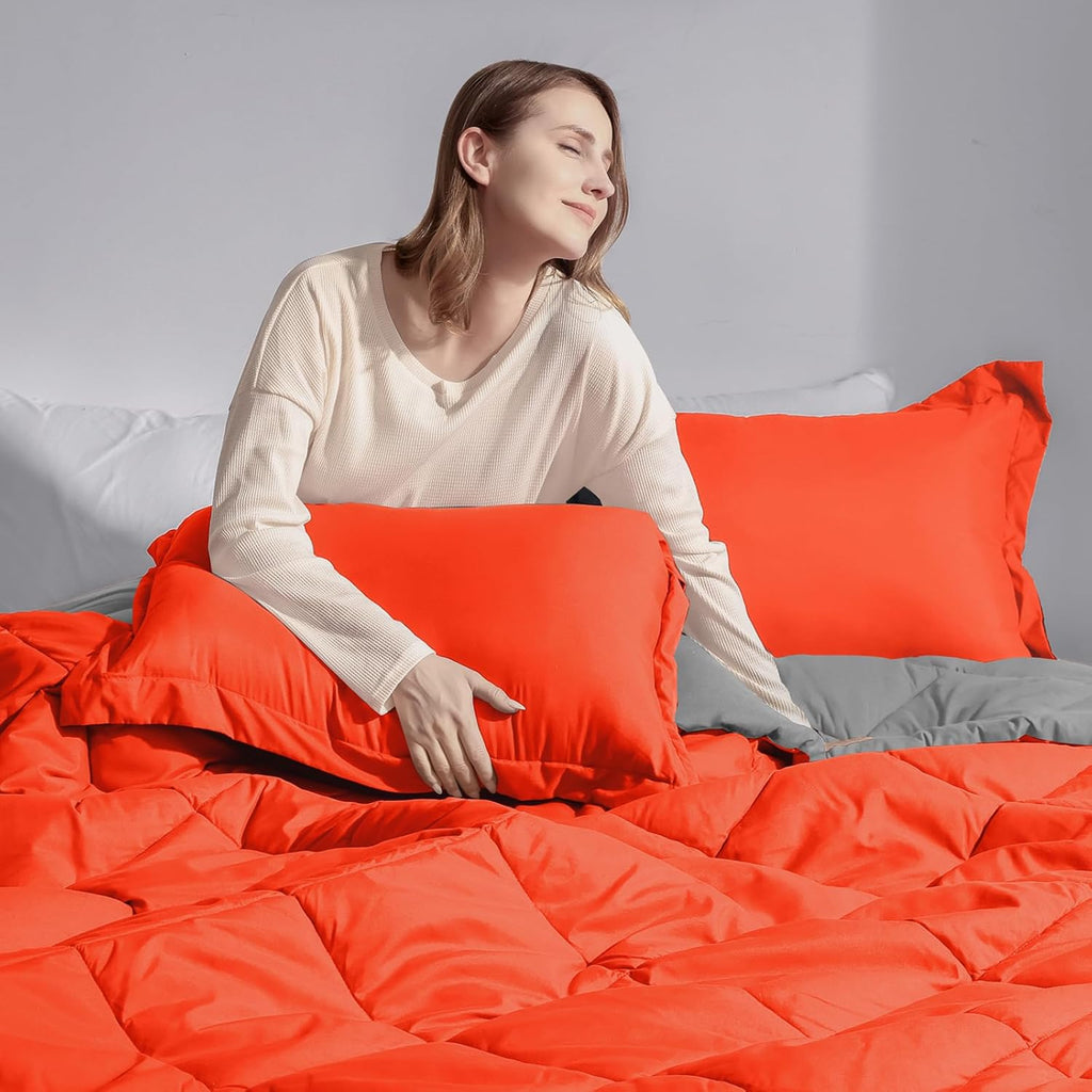 Queen Comforter Set - Orange Comforter Set Queen, Reversible Bed Comforter Queen Set for All Seasons, Flame/Charcoal Gray, 1 Comforter (88"X92") and 2 Pillow Shams (20"X26"+2")
