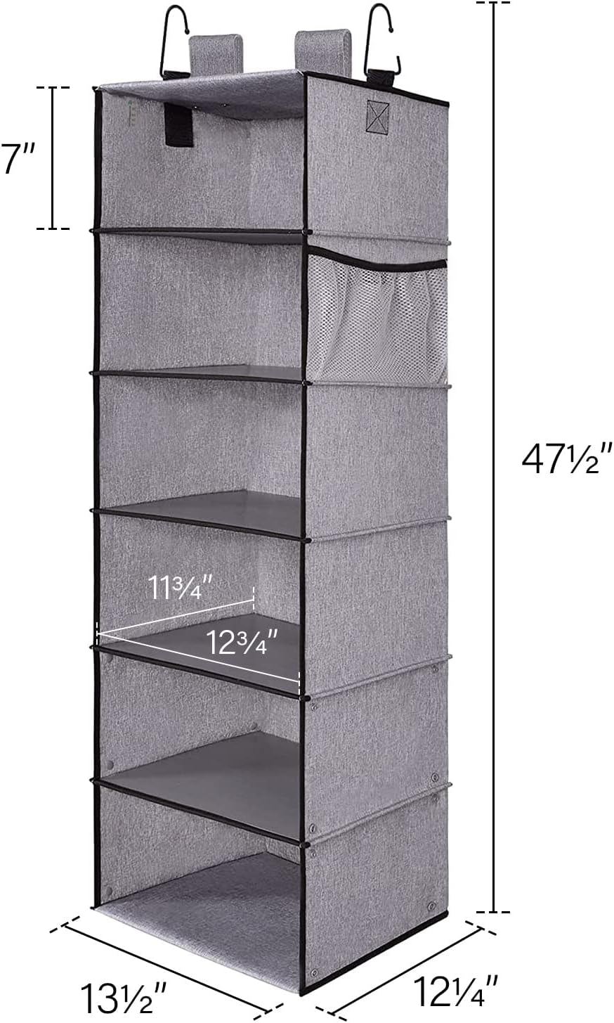 6-Shelf Hanging Closet Organizer, Adjustable Length Hanging Shelves for Closet, Fabric, Gray, 12 ¼" D X 13 ½" W X 47 ½" H
