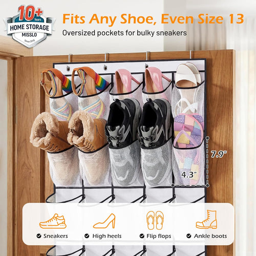 35 Large Pockets over the Door Shoe Organizer Sturdy Oxford Fabric Hanging Shoe Rack for Door Mesh Closet Shoe Holder Hanger, White