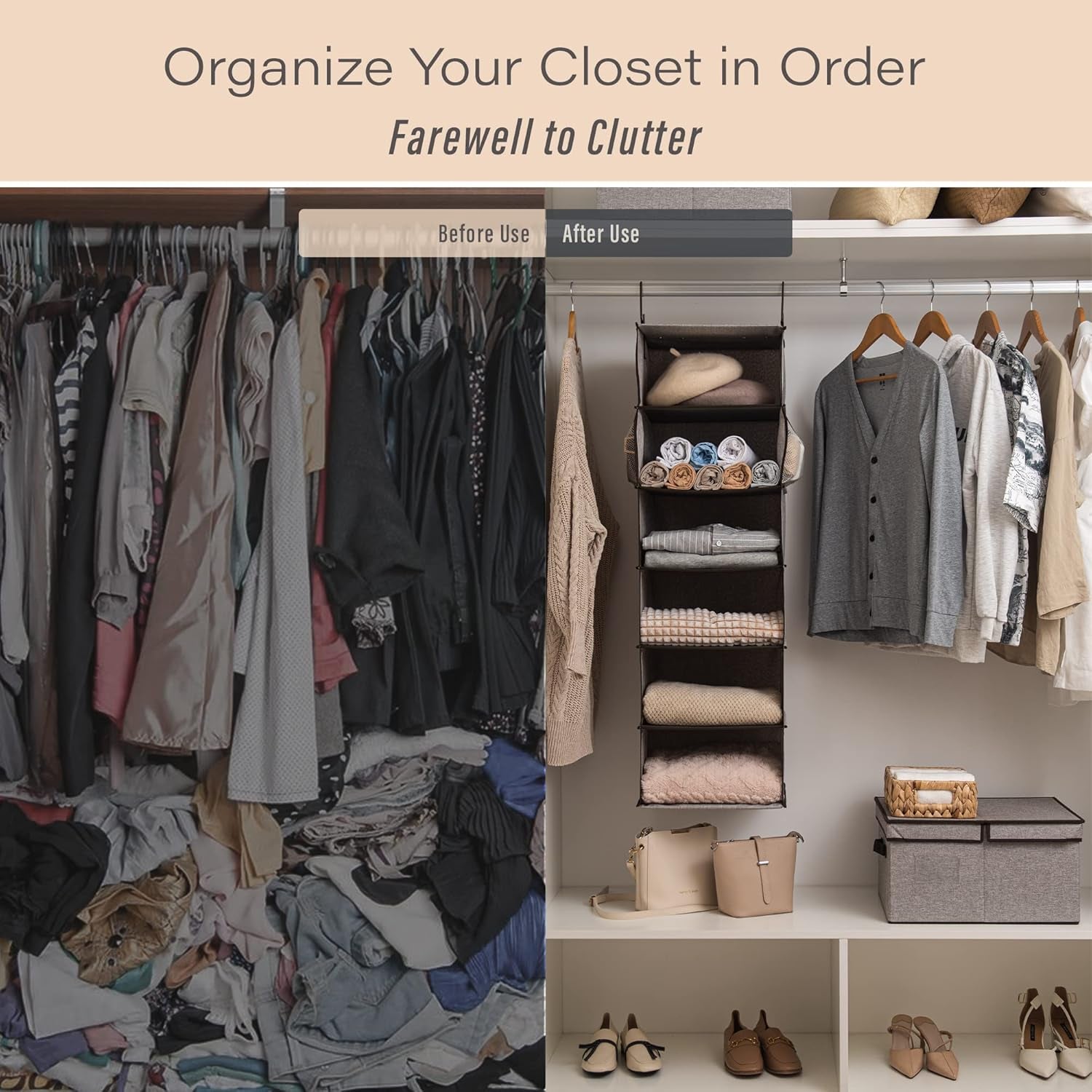 6-Shelf Hanging Closet Organizer, Adjustable Length Hanging Shelves for Closet, Fabric, Gray, 12 ¼" D X 13 ½" W X 47 ½" H